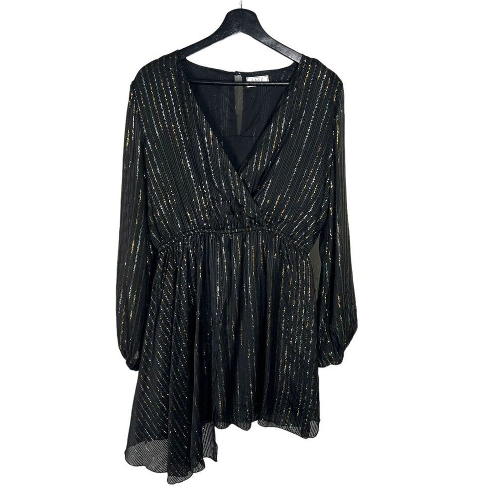 Sage The Label Black Gold Silver Metallic Stripe Long Sleeve Above Knee Dress Me